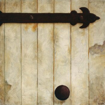 A closeup of a white wooden door with rusted hinge and doorknob.