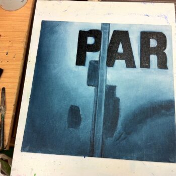 Work in progress of metal door painting.